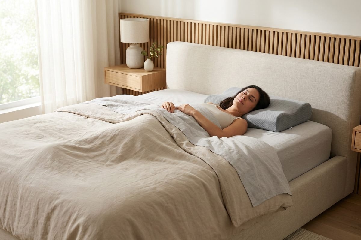Woman sleeping on her back in a bright bedroom, head resting on a contoured pillow with her chin level
