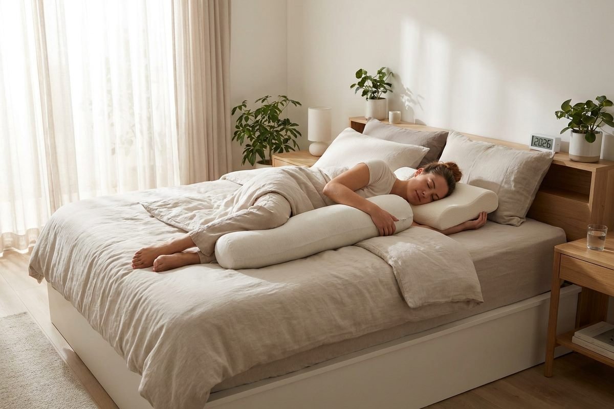 Woman sleeping on her side in a bright morning bedroom on a contoured pillow, hugging a long body pillow, spine straight from head to hips