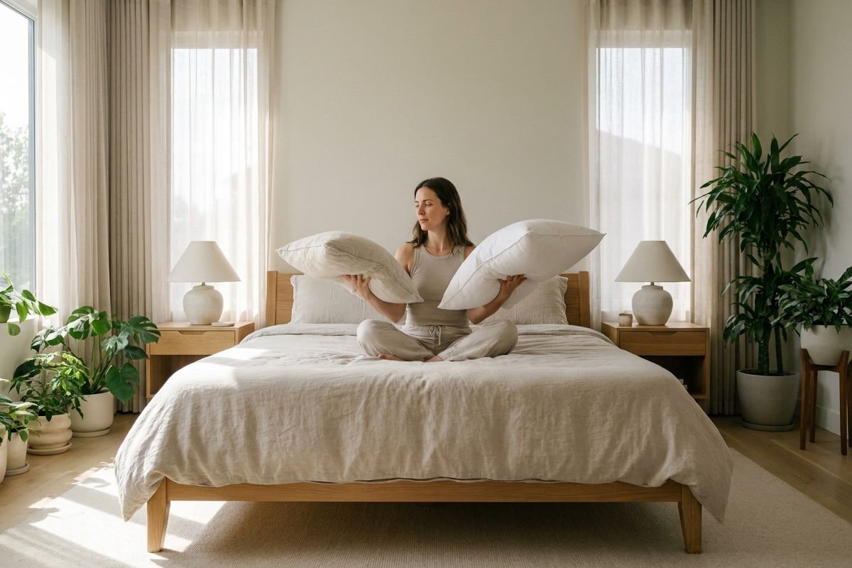 Woman sitting on the edge of a bed comparing an old flattened pillow with a plump new one